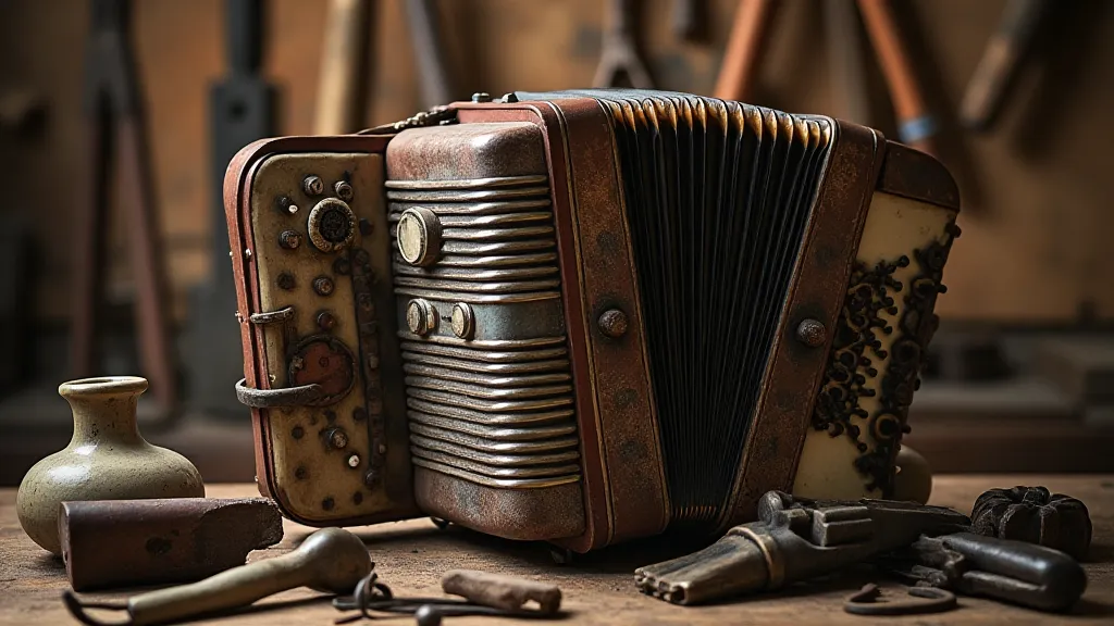 Antique accordion on a workbench, showing craftsmanship