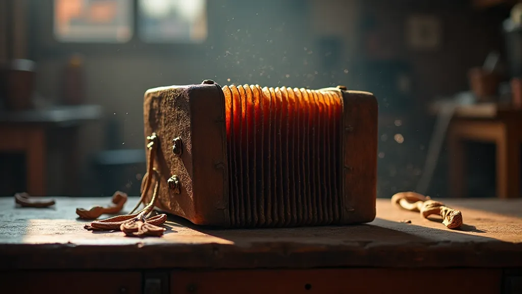 Antique accordion on a workbench