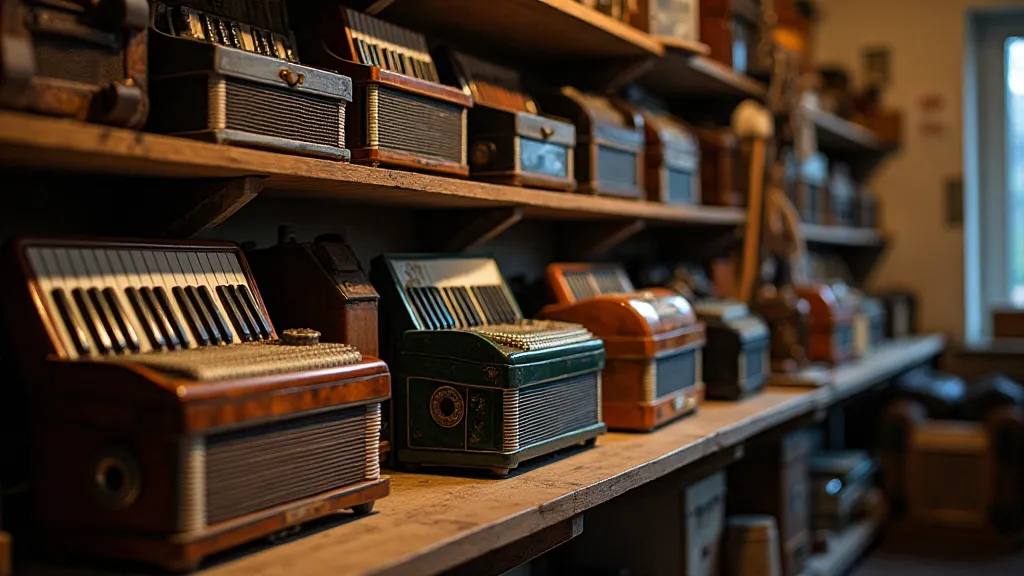 Antique accordions on shelves