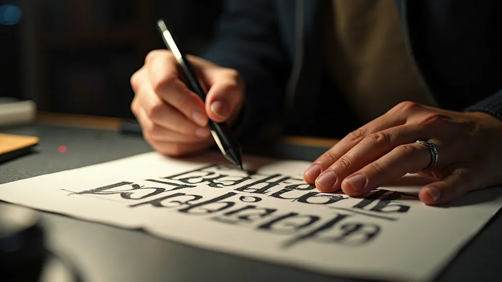 Left-handed calligrapher working on calligraphy