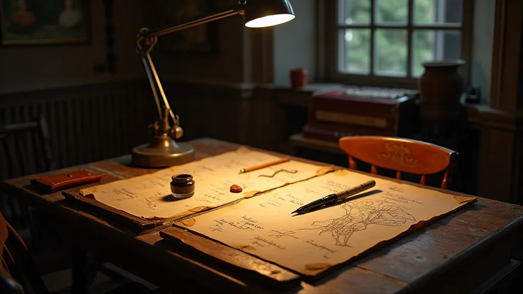 Vintage calligraphy table with tools and accordion
