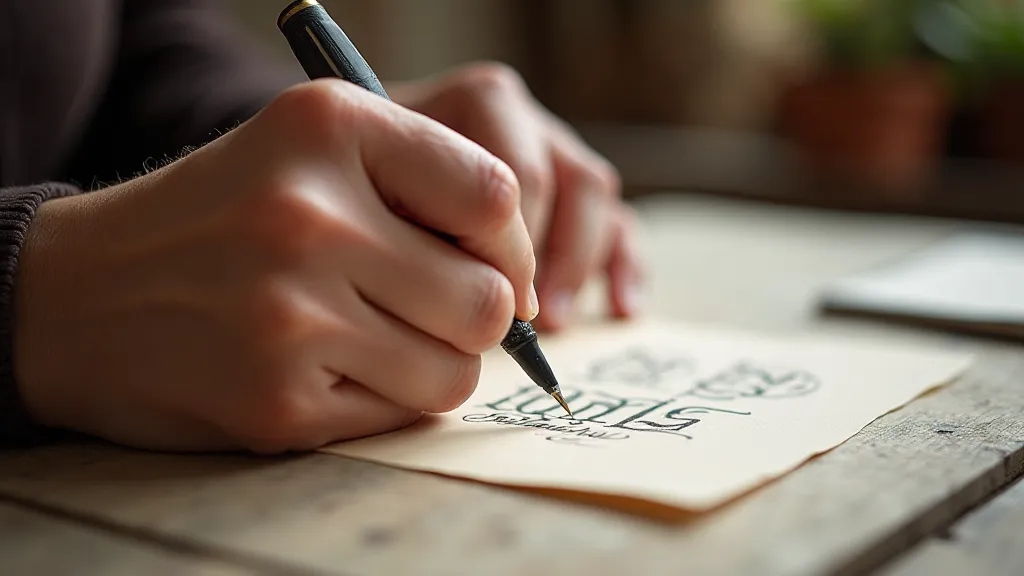 Left-handed calligrapher practicing