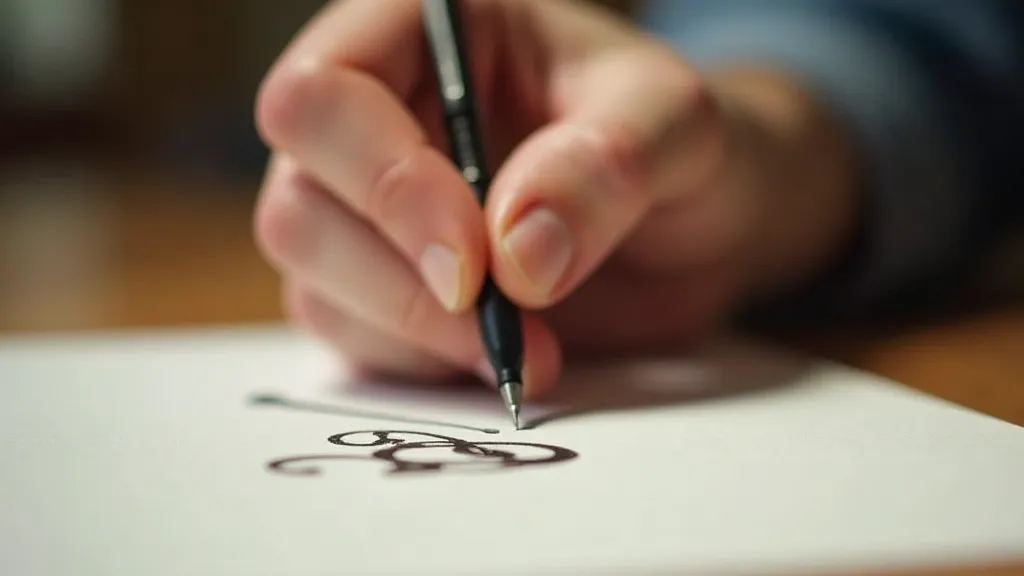 A left-handed calligrapher's hand writing with a dip pen.