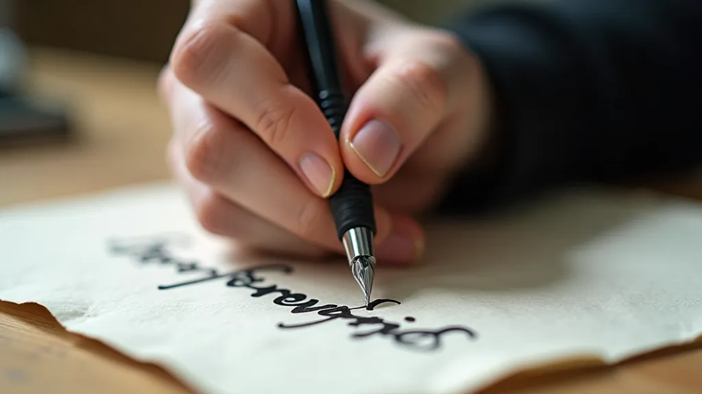 Left-handed calligrapher's hand holding a pen