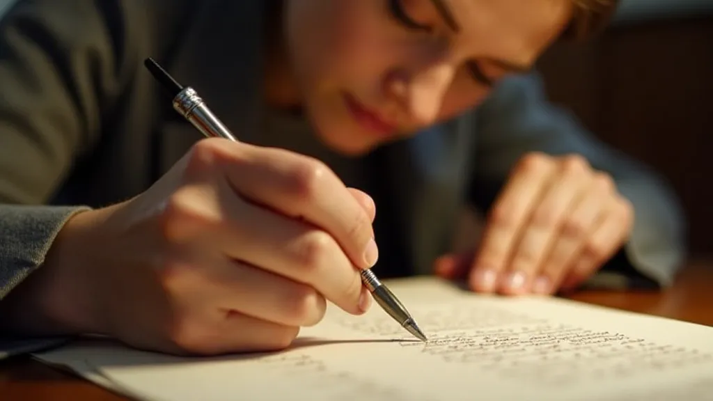 Left-handed calligrapher positioning a quill